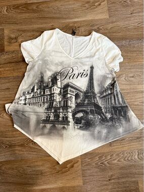 Misia White V-Neck Tee with Gold Logo Tag